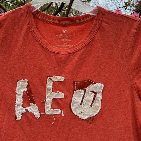 American Eagle Outfitters Orange Distressed SS Tee AEO Embossed Letters L - Picture 5 of 15